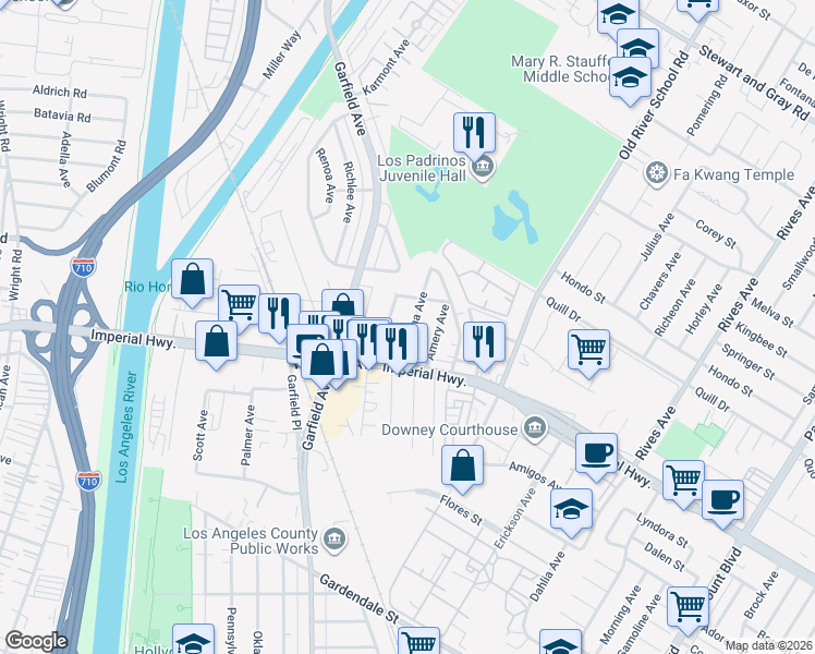map of restaurants, bars, coffee shops, grocery stores, and more near 10735 Cassina Avenue in South Gate