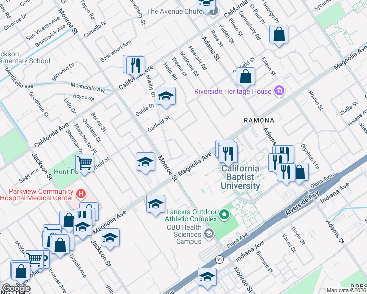 map of restaurants, bars, coffee shops, grocery stores, and more near 3878 Melody Lane in Riverside