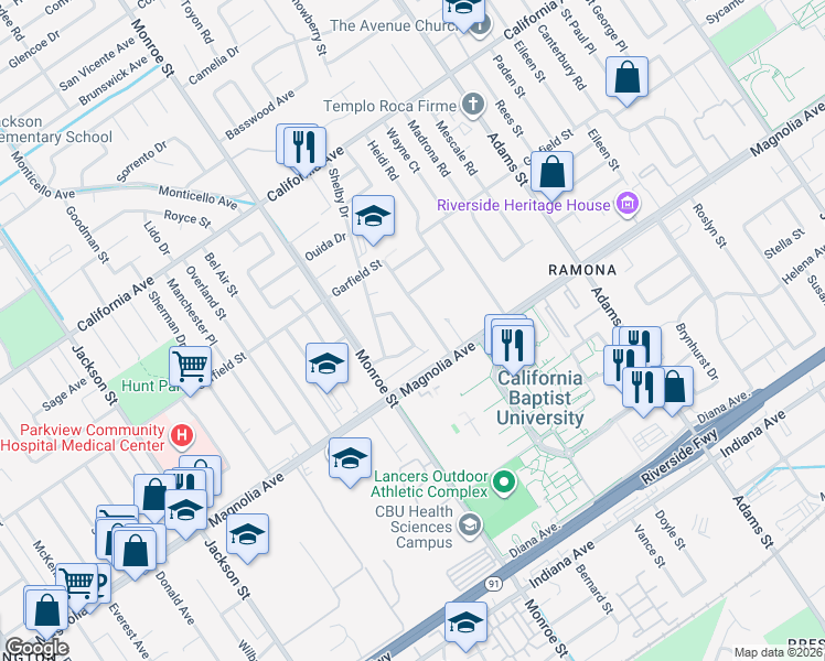 map of restaurants, bars, coffee shops, grocery stores, and more near in Riverside