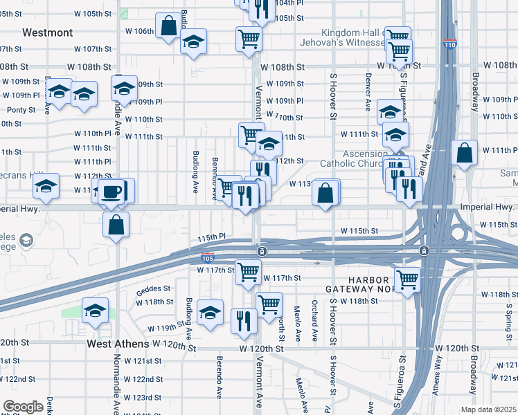 map of restaurants, bars, coffee shops, grocery stores, and more near S Vermont Ave & W Imperial Hwy in Westmont