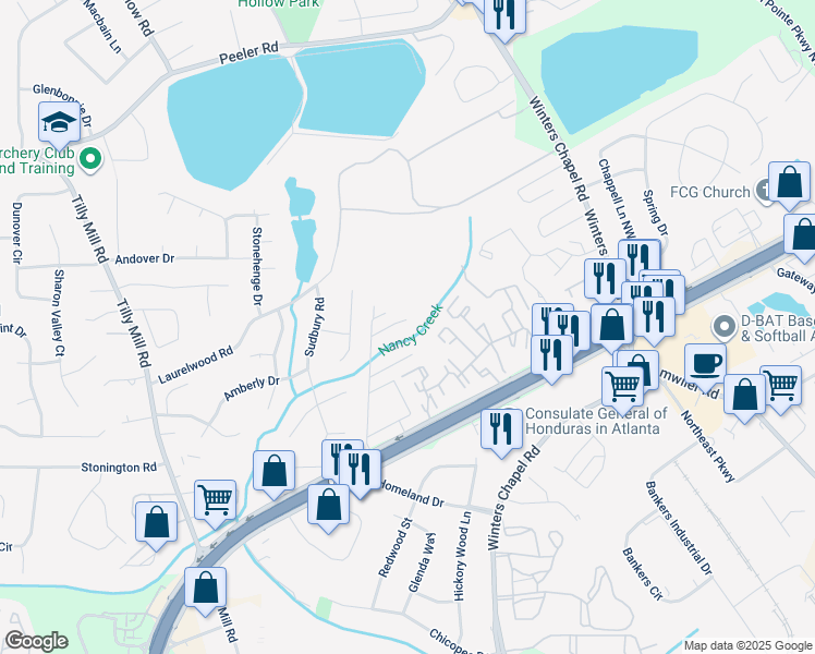 map of restaurants, bars, coffee shops, grocery stores, and more near 6694 Peachtree Industrial Boulevard in Dunwoody