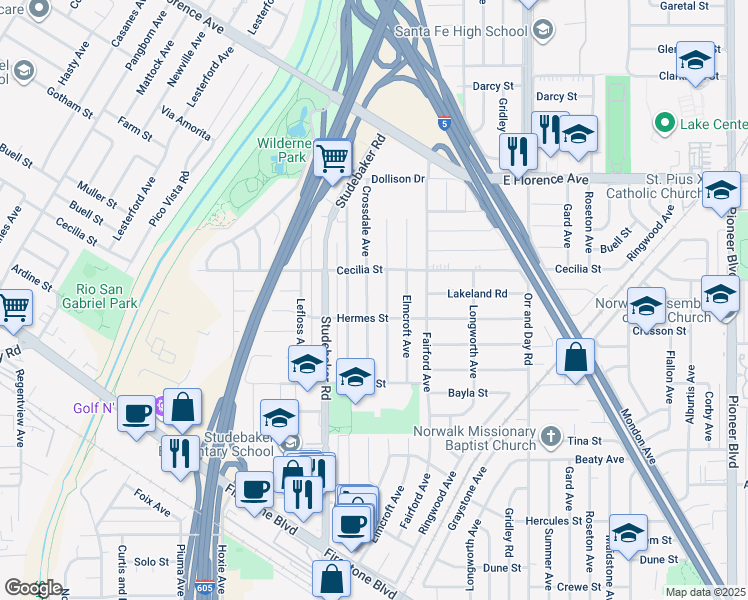 map of restaurants, bars, coffee shops, grocery stores, and more near 11236 Crossdale Avenue in Norwalk