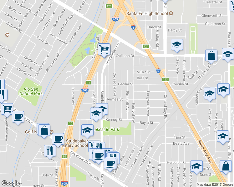 map of restaurants, bars, coffee shops, grocery stores, and more near 11236 Crossdale Avenue in Norwalk