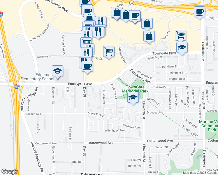 map of restaurants, bars, coffee shops, grocery stores, and more near 13018 Acacia Avenue in Moreno Valley