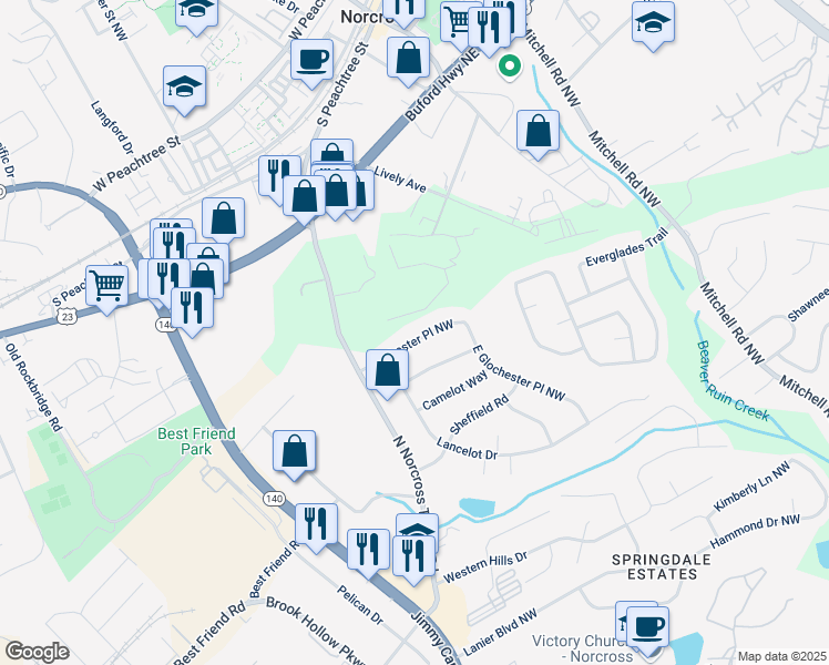 map of restaurants, bars, coffee shops, grocery stores, and more near 669 Glochester Place Northwest in Norcross