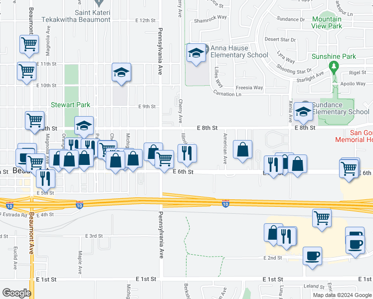 map of restaurants, bars, coffee shops, grocery stores, and more near 691 Illinois Avenue in Beaumont
