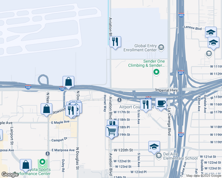 map of restaurants, bars, coffee shops, grocery stores, and more near 5601 Imperial Highway in Los Angeles