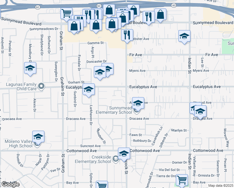 map of restaurants, bars, coffee shops, grocery stores, and more near in Moreno Valley