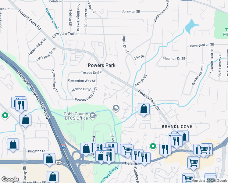 map of restaurants, bars, coffee shops, grocery stores, and more near 2126 Palmyra Drive in Marietta