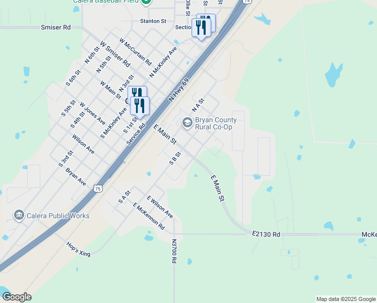 map of restaurants, bars, coffee shops, grocery stores, and more near 101 North B Street in Calera