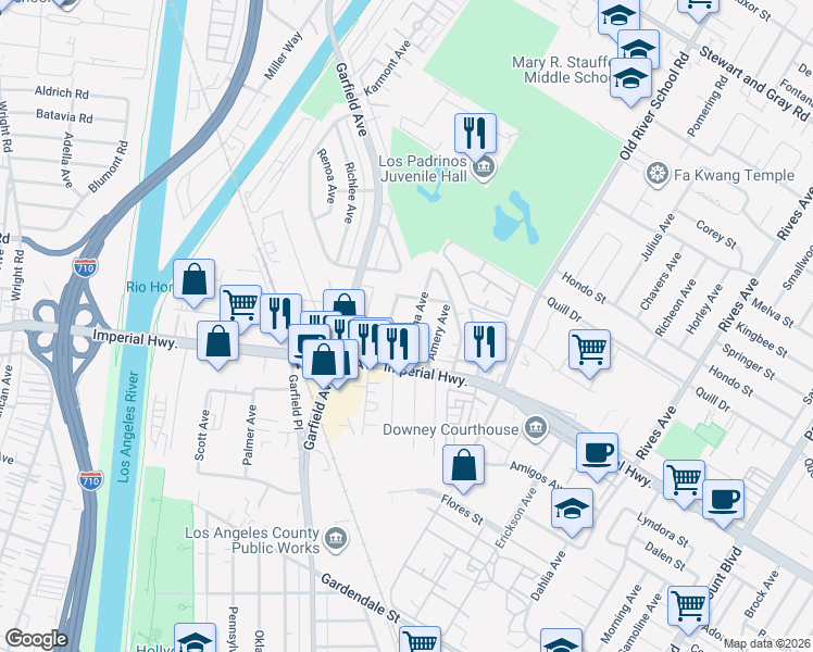 map of restaurants, bars, coffee shops, grocery stores, and more near 10735 Cassina Avenue in South Gate