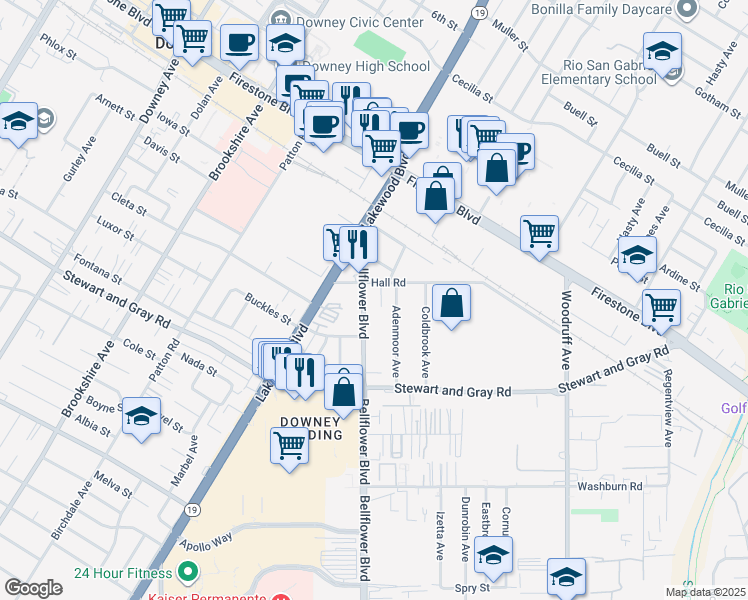 map of restaurants, bars, coffee shops, grocery stores, and more near 11620 Bellflower Boulevard in Downey