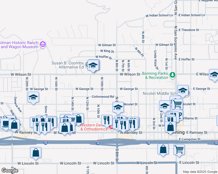 map of restaurants, bars, coffee shops, grocery stores, and more near 911 West George Street in Banning