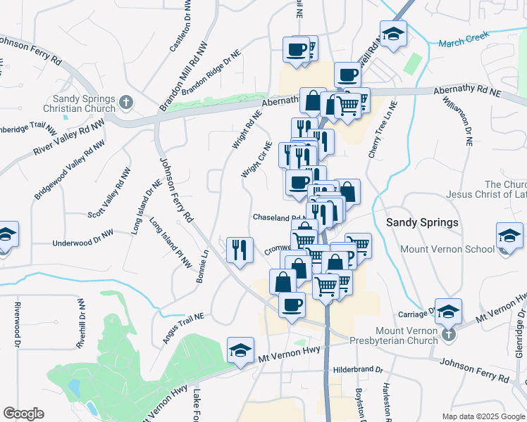 map of restaurants, bars, coffee shops, grocery stores, and more near 124 Chaseland Road Northeast in Atlanta