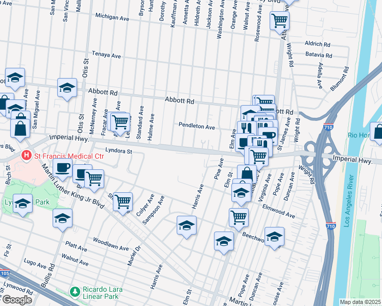 map of restaurants, bars, coffee shops, grocery stores, and more near 4050 East Imperial Highway in Lynwood