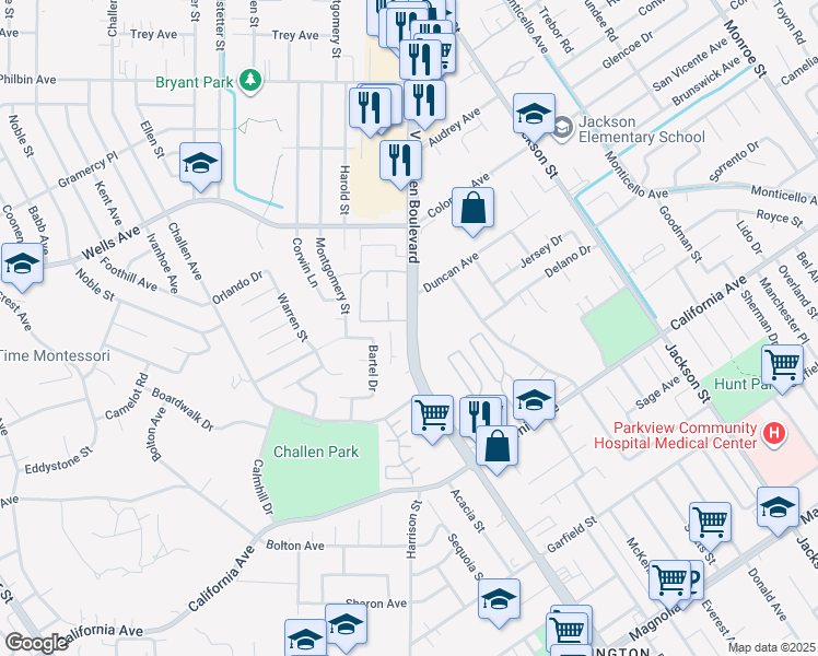 map of restaurants, bars, coffee shops, grocery stores, and more near 4530 Van Buren Boulevard in Riverside
