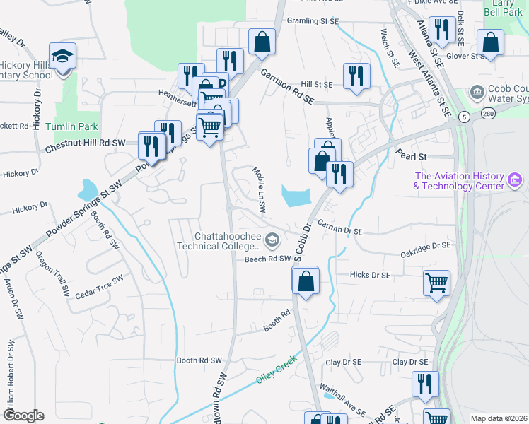 map of restaurants, bars, coffee shops, grocery stores, and more near 350-358 Park Circle Southwest in Marietta