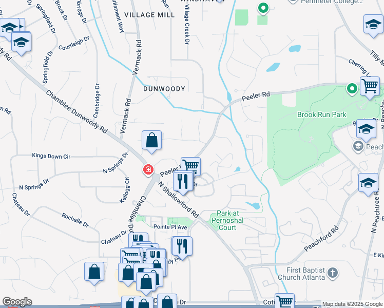 map of restaurants, bars, coffee shops, grocery stores, and more near 1888 Peeler Road in Dunwoody