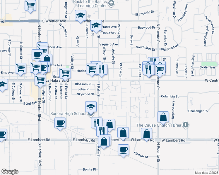 map of restaurants, bars, coffee shops, grocery stores, and more near 1699 Norwood Court in Brea