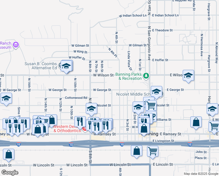 map of restaurants, bars, coffee shops, grocery stores, and more near 539 West George Street in Banning