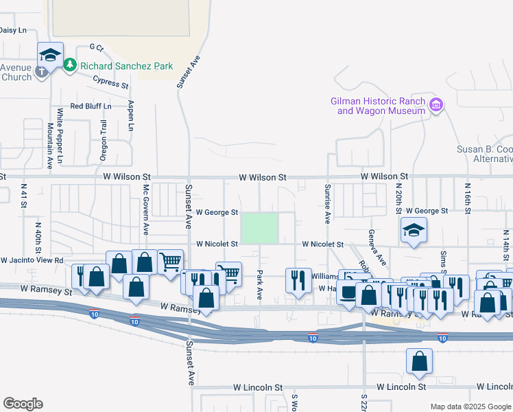 map of restaurants, bars, coffee shops, grocery stores, and more near 690 Park Avenue in Banning