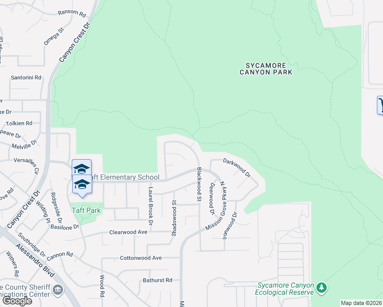 map of restaurants, bars, coffee shops, grocery stores, and more near 6564 Blackwood Street in Riverside