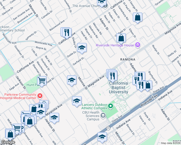 map of restaurants, bars, coffee shops, grocery stores, and more near 3878 Melody Lane in Riverside