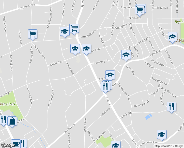 map of restaurants, bars, coffee shops, grocery stores, and more near 5250 Tyler Street in Riverside