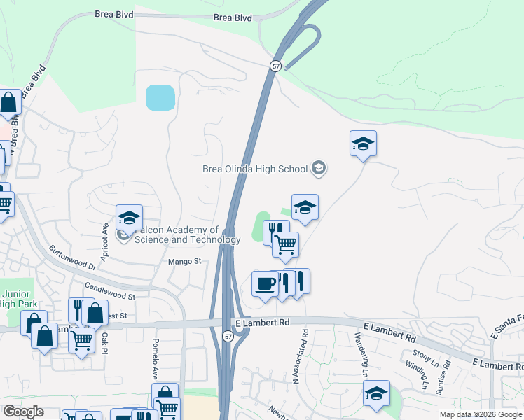 map of restaurants, bars, coffee shops, grocery stores, and more near in Brea