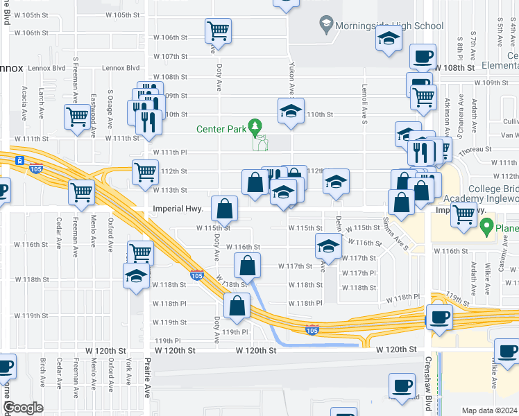 map of restaurants, bars, coffee shops, grocery stores, and more near 3638 West 113th Street in Inglewood