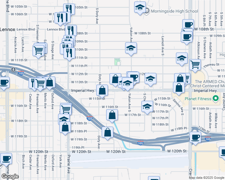 map of restaurants, bars, coffee shops, grocery stores, and more near 3714 West 113th Street in Inglewood
