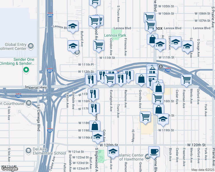 map of restaurants, bars, coffee shops, grocery stores, and more near 11316 Condon Avenue in Inglewood