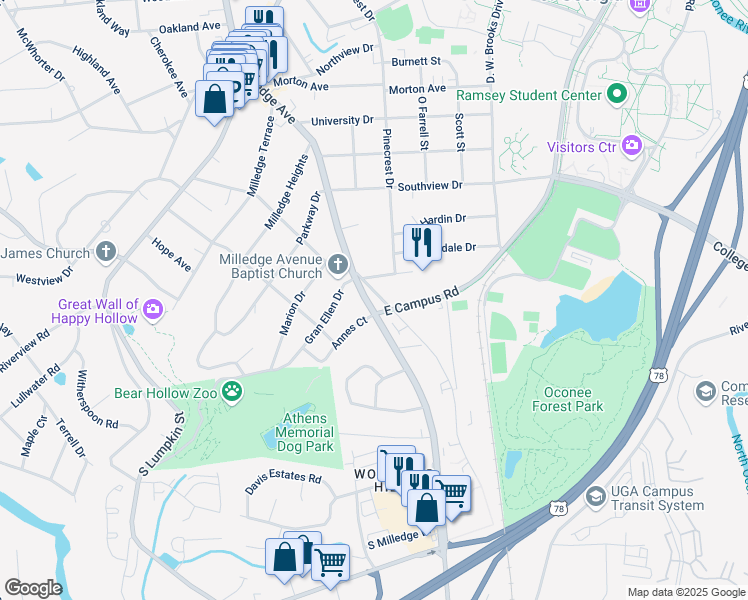 map of restaurants, bars, coffee shops, grocery stores, and more near in Athens