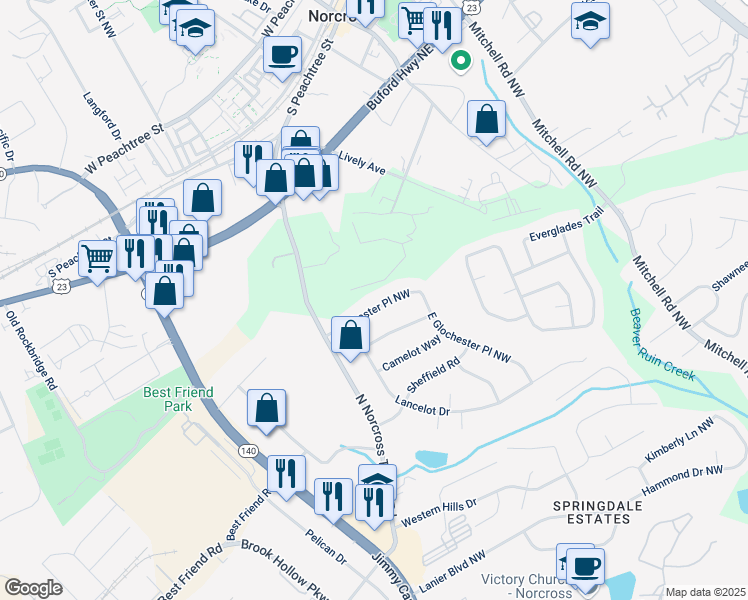 map of restaurants, bars, coffee shops, grocery stores, and more near 669 Glochester Place Northwest in Norcross