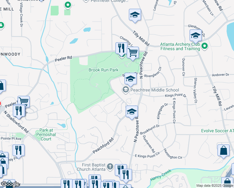 map of restaurants, bars, coffee shops, grocery stores, and more near 4588 Barclay Drive in Dunwoody