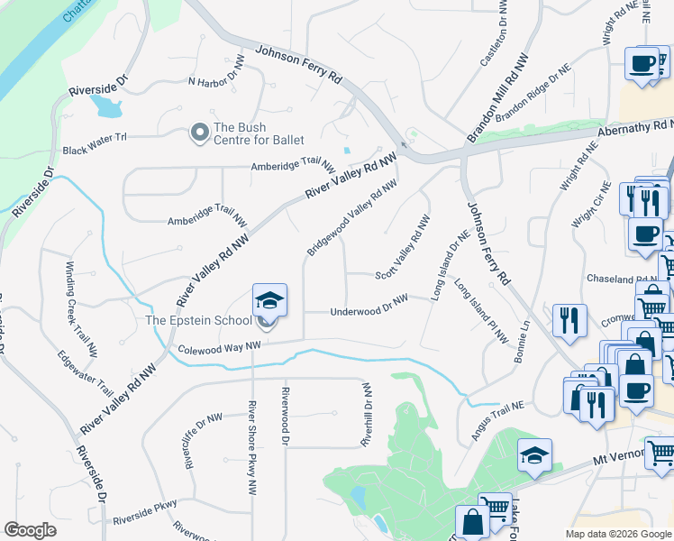 map of restaurants, bars, coffee shops, grocery stores, and more near 6434 Colebridge Road Northwest in Sandy Springs