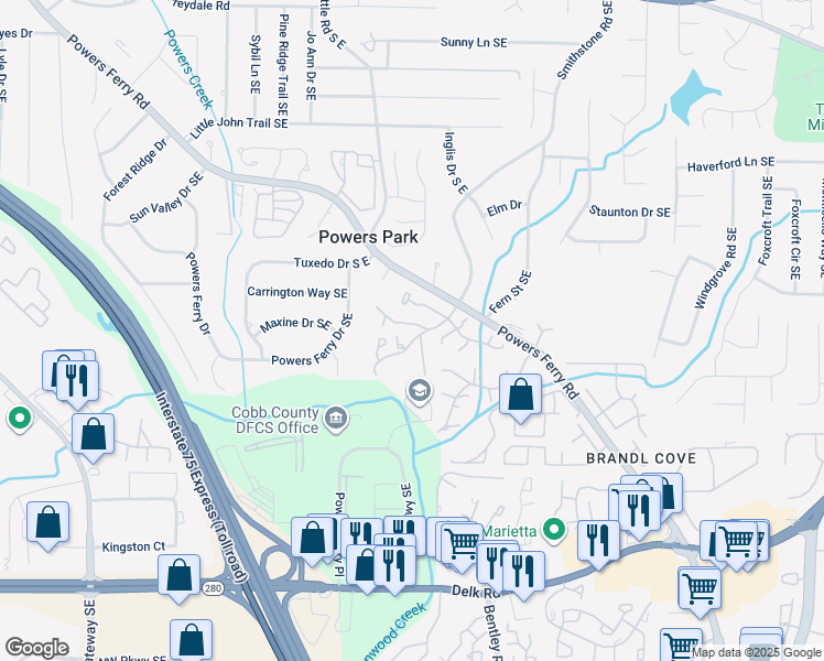 map of restaurants, bars, coffee shops, grocery stores, and more near 2151 Palmyra Drive in Marietta