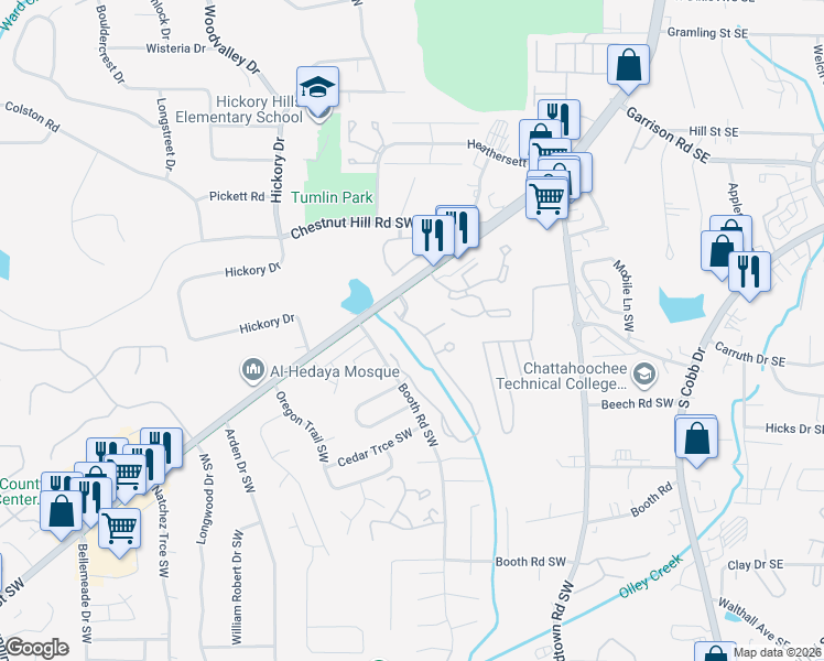 map of restaurants, bars, coffee shops, grocery stores, and more near 1019 Brownstone Drive Southwest in Marietta