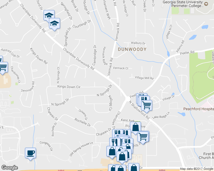 map of restaurants, bars, coffee shops, grocery stores, and more near 1758 North Springs Drive in Dunwoody