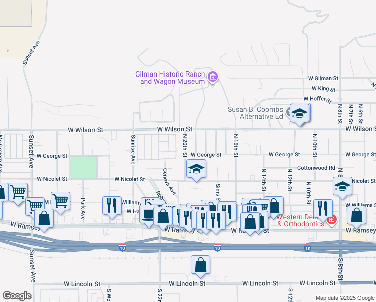 map of restaurants, bars, coffee shops, grocery stores, and more near 1975 West George Street in Banning