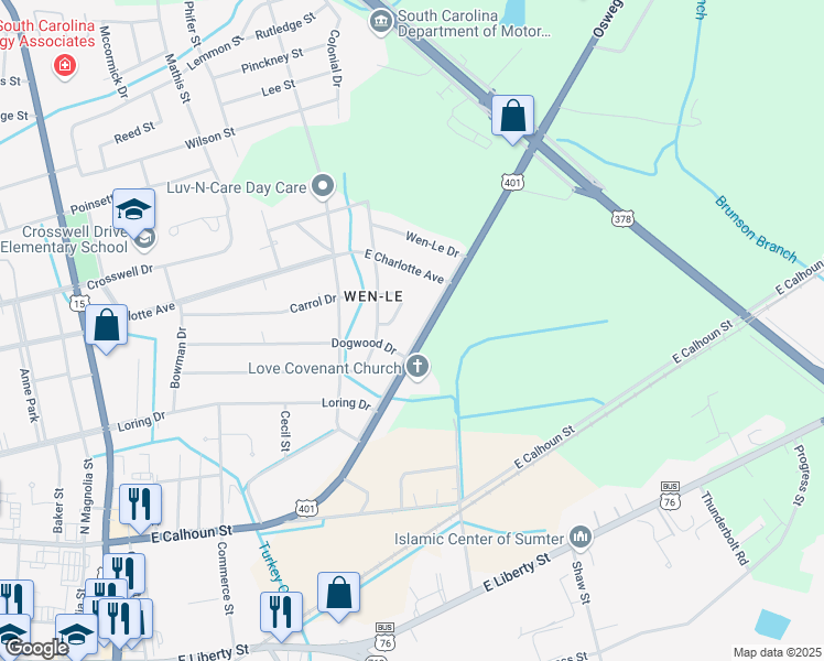 map of restaurants, bars, coffee shops, grocery stores, and more near 312 Oswego Highway in Sumter