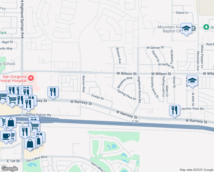 map of restaurants, bars, coffee shops, grocery stores, and more near 5238 Spring View Drive in Banning