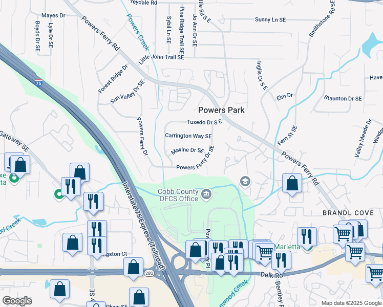 map of restaurants, bars, coffee shops, grocery stores, and more near 2350 Maxine Drive Southeast in Marietta