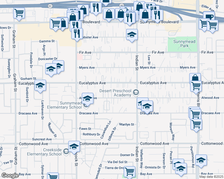 map of restaurants, bars, coffee shops, grocery stores, and more near 24285 Eucalyptus Avenue in Moreno Valley