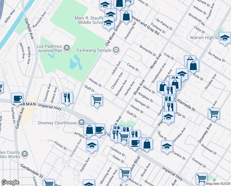 map of restaurants, bars, coffee shops, grocery stores, and more near 12323 Richeon Avenue in Downey