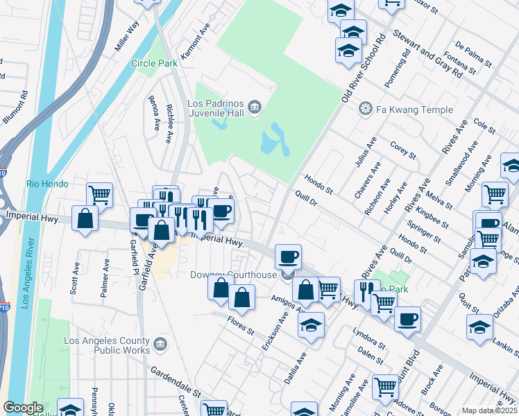 map of restaurants, bars, coffee shops, grocery stores, and more near 7375 Emily Lane in Downey