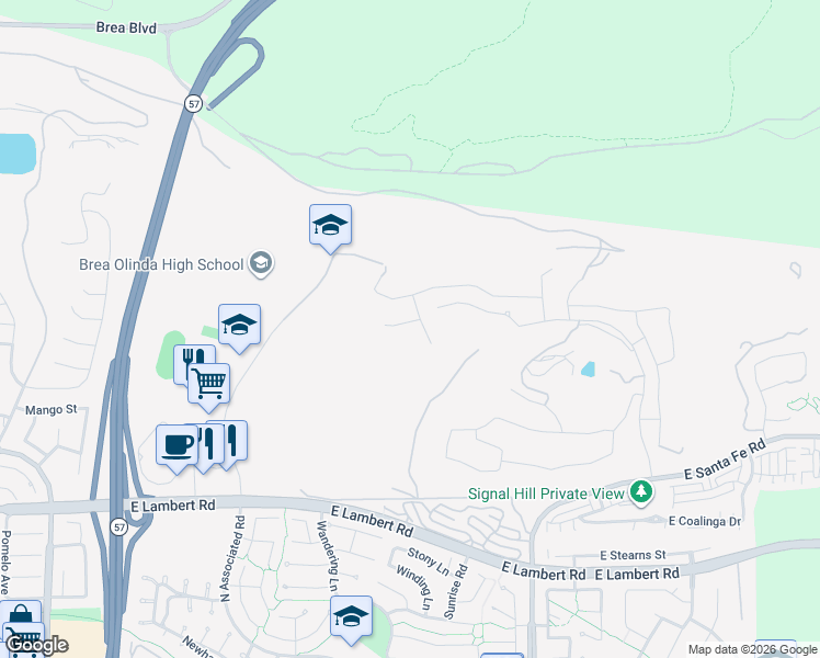 map of restaurants, bars, coffee shops, grocery stores, and more near 2282 Rosecrans Court in Brea