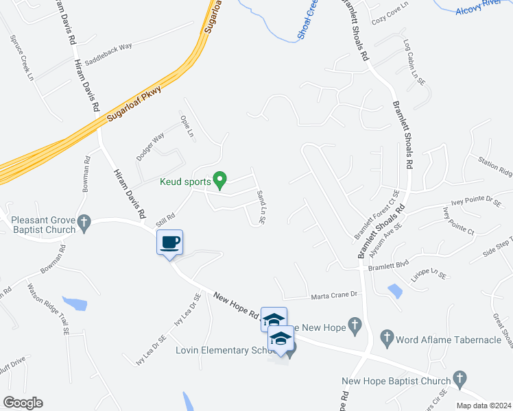 map of restaurants, bars, coffee shops, grocery stores, and more near 718 Still Hill Lane Southeast in Lawrenceville