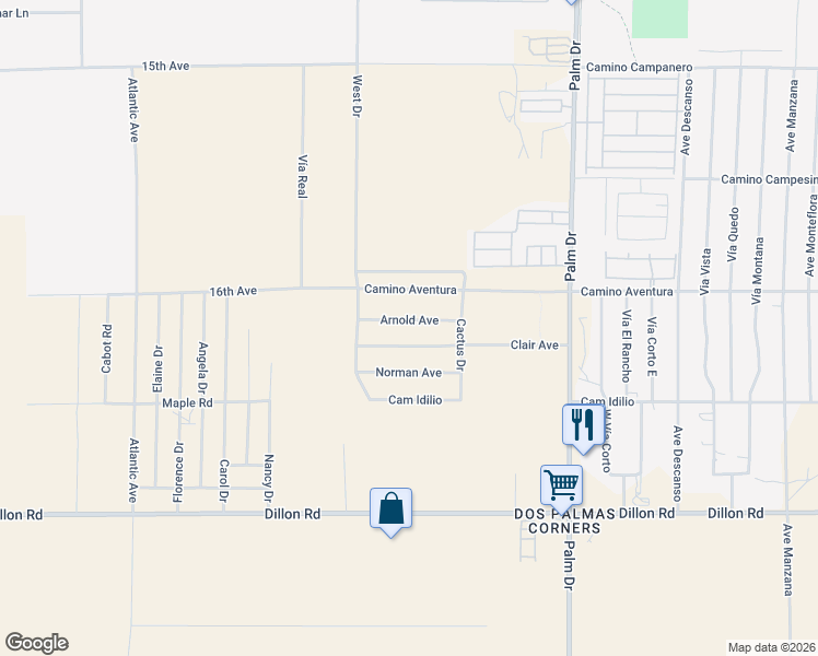 map of restaurants, bars, coffee shops, grocery stores, and more near Clair Avenue in Desert Hot Springs