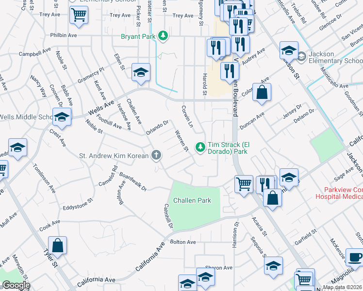 map of restaurants, bars, coffee shops, grocery stores, and more near 7900 Temecula Place in Riverside